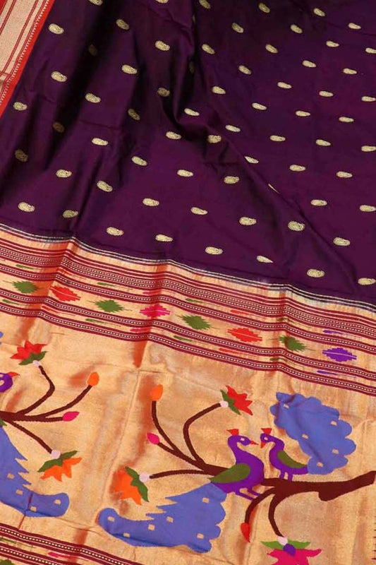 Purple Handloom Paithani Pure Silk Peacock And Flower Design Saree - Luxurion World