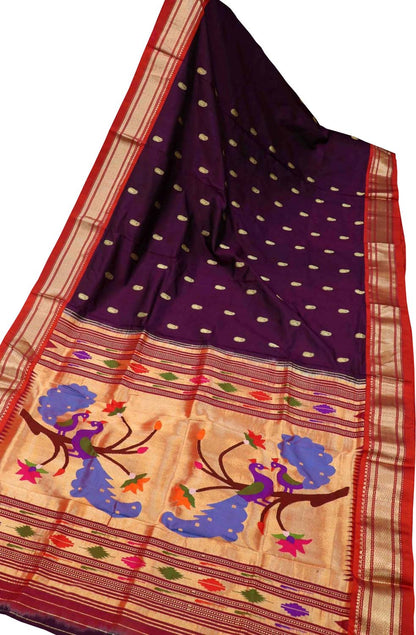 Purple Handloom Paithani Pure Silk Peacock And Flower Design Saree - Luxurion World