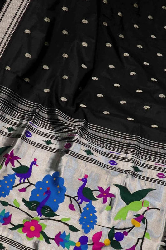 Black Handloom Paithani Pure Silk Peacock And Parrot Design Saree - Luxurion World