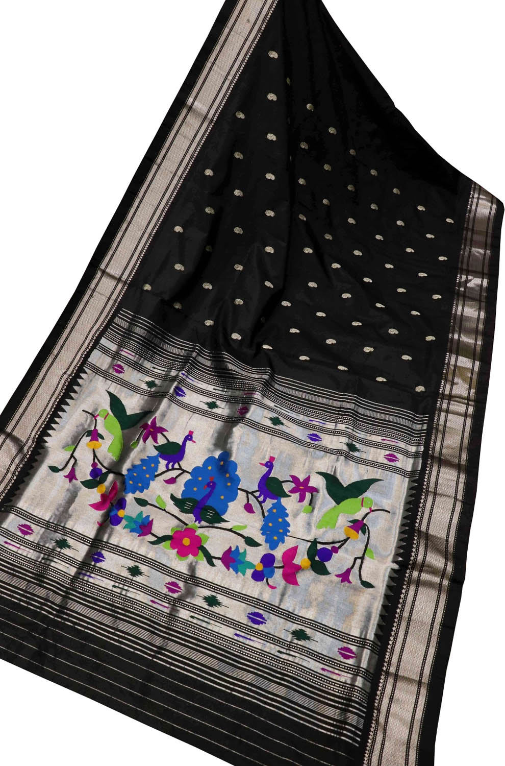 Black Handloom Paithani Pure Silk Peacock And Parrot Design Saree - Luxurion World