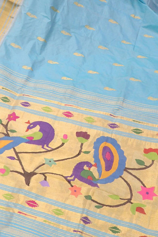Blue Handloom Paithani Pure Silk Peacock And Flower Design Saree - Luxurion World