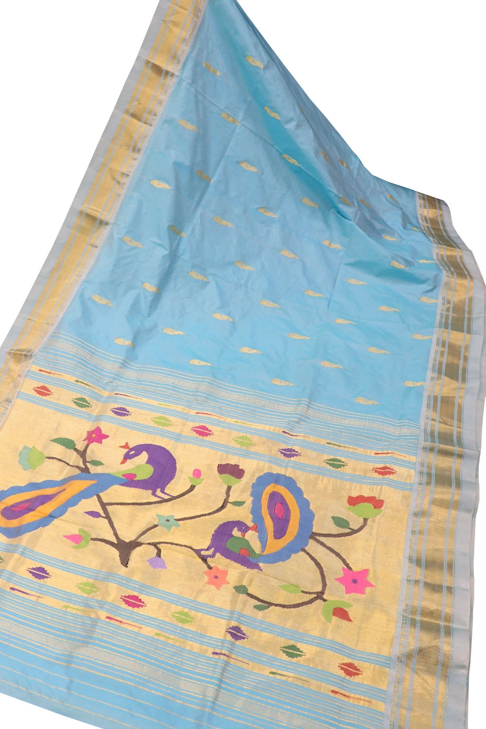 Blue Handloom Paithani Pure Silk Peacock And Flower Design Saree - Luxurion World
