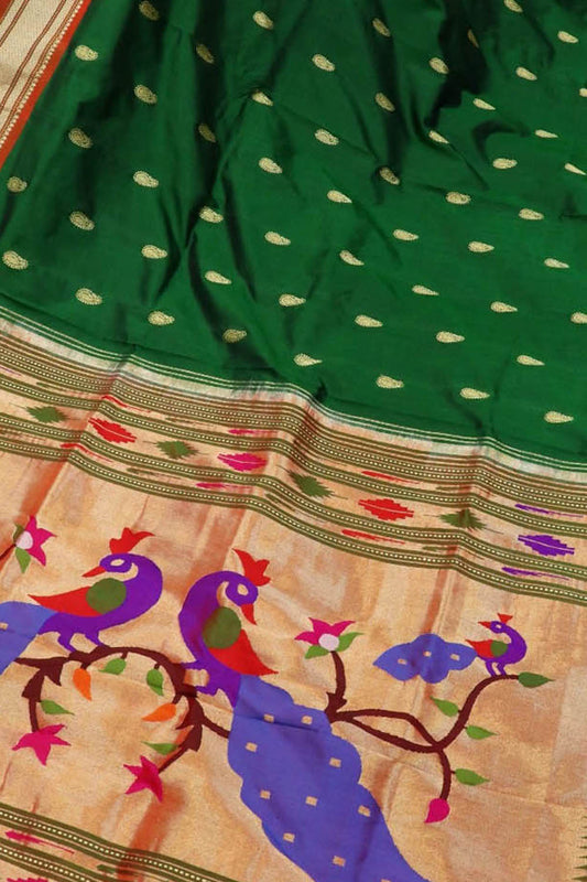 Green Handloom Paithani Pure Silk Peacock And Flower Design Saree - Luxurion World