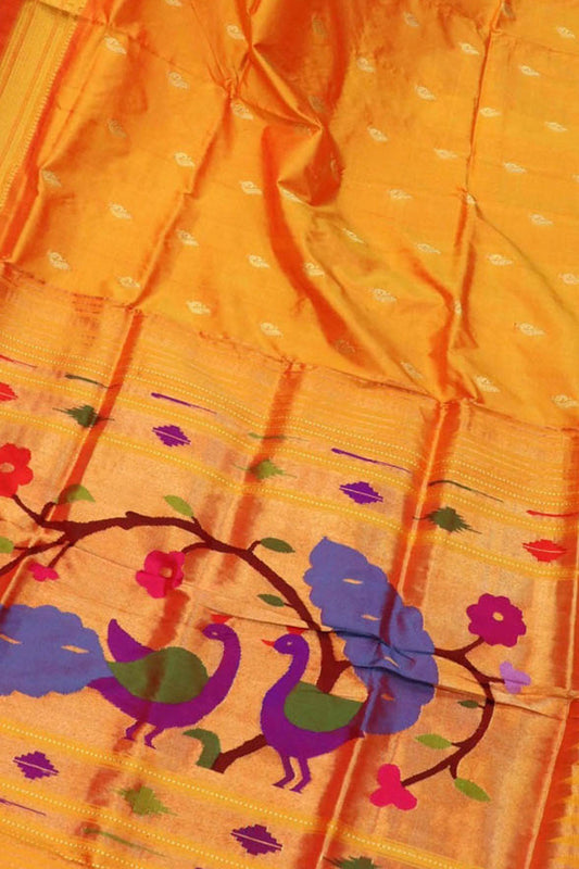 Yellow Handloom Paithani Pure Silk Peacock And Flower Design Saree - Luxurion World