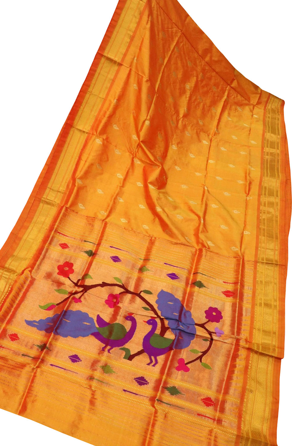 Yellow Handloom Paithani Pure Silk Peacock And Flower Design Saree - Luxurion World
