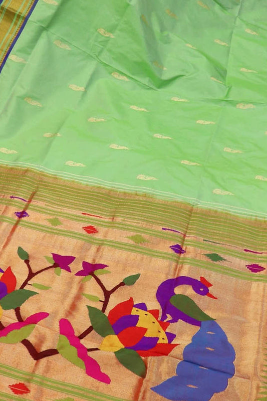 Green Handloom Paithani Pure Silk Peacock And Flower Design Saree - Luxurion World