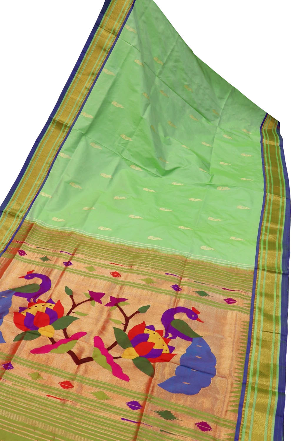 Green Handloom Paithani Pure Silk Peacock And Flower Design Saree - Luxurion World