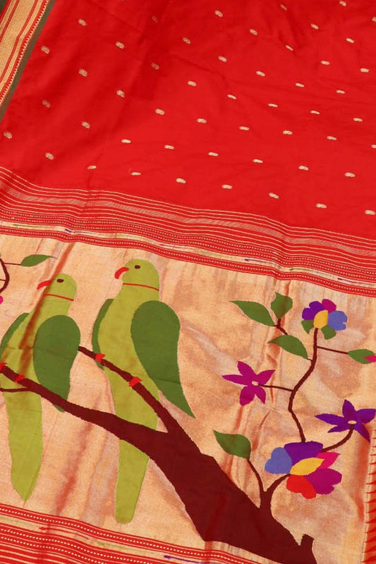 Red Handloom Paithani Pure Silk Parrot And Flower Design Saree - Luxurion World