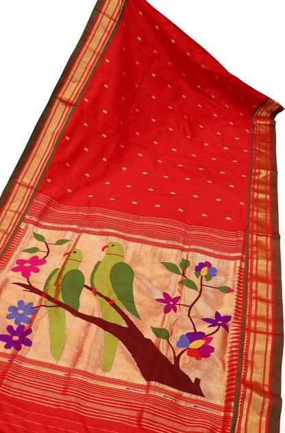 Red Handloom Paithani Pure Silk Parrot And Flower Design Saree - Luxurion World