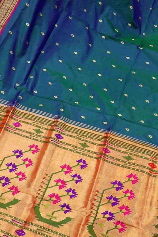 Blue Handloom Paithani Pure Silk Flower Design Saree - Luxurion World