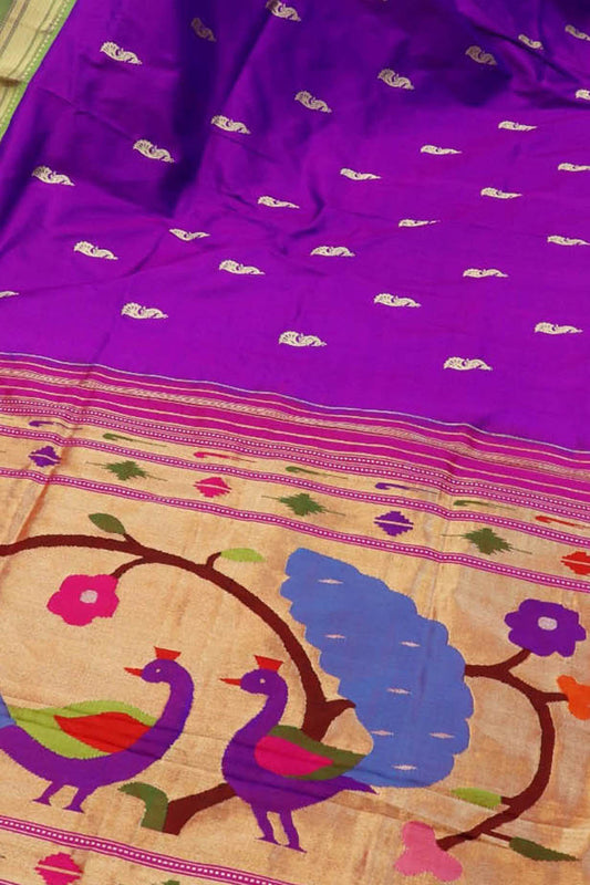 Purple Handloom Paithani Pure Silk Peacock And Flower Design Saree - Luxurion World