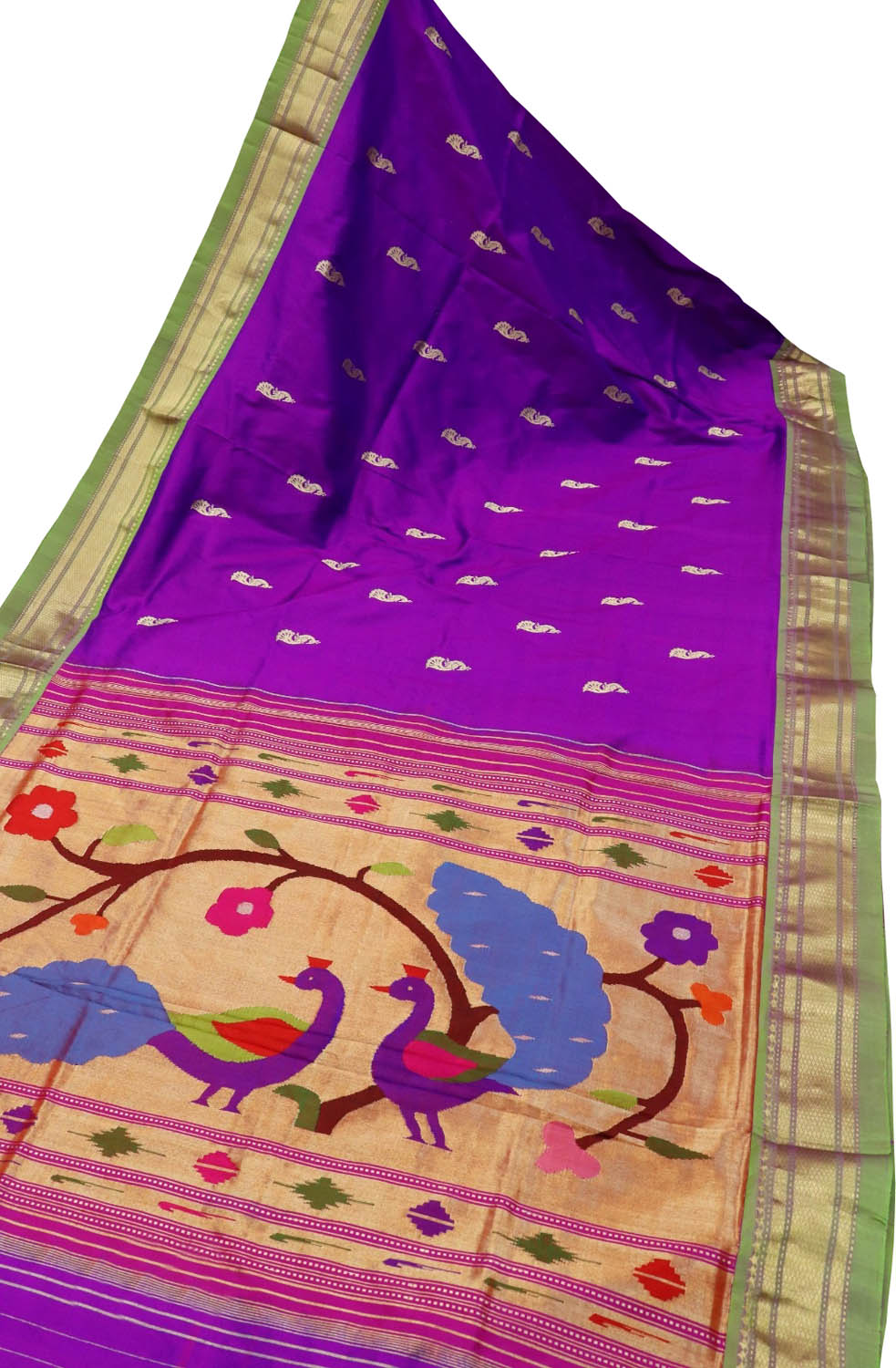 Purple Handloom Paithani Pure Silk Peacock And Flower Design Saree - Luxurion World