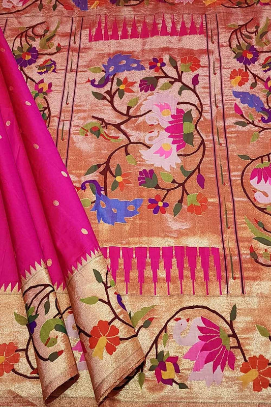 Pink Paithani Handloom Pure Silk Flower Design Saree - Luxurion World