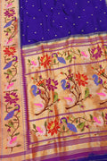 Blue Paithani Handloom Pure Silk Flower Design Saree - Luxurion World
