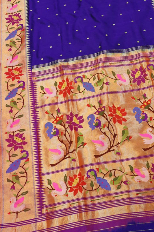Blue Paithani Handloom Pure Silk Flower Design Saree - Luxurion World