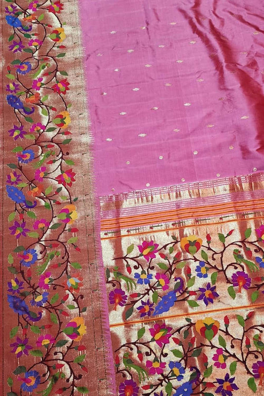 Pink Paithani Handloom Pure Silk Flower Design Saree - Luxurion World