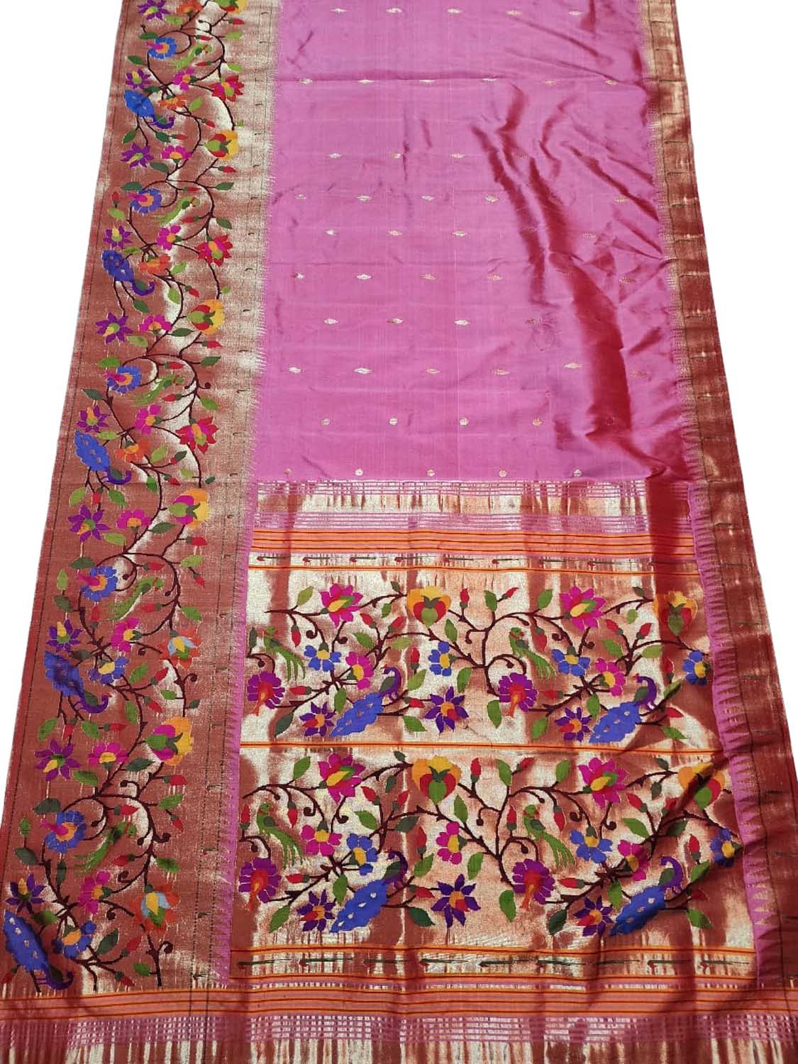 Pink Paithani Handloom Pure Silk Flower Design Saree - Luxurion World