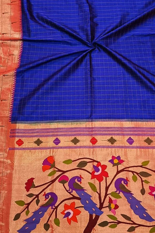 Blue Paithani Handloom Pure Silk Muniya Border Peacock Design Saree - Luxurion World