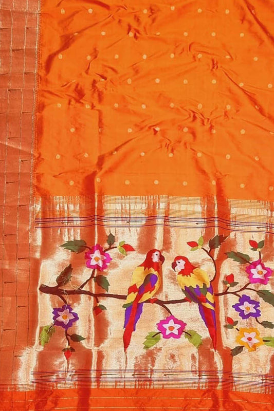 Orange Paithani Handloom Pure Silk Triple Muniya Border Parrot Design Saree - Luxurion World