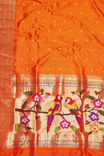 Orange Paithani Handloom Pure Silk Triple Muniya Border Parrot Design Saree - Luxurion World