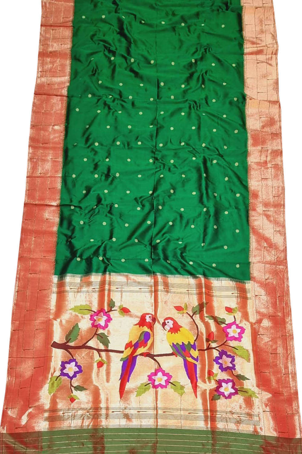 Green Paithani Handloom Pure Silk Triple Muniya Border Parrot Design Saree - Luxurion World