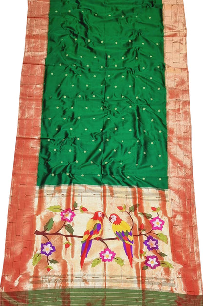 Green Paithani Handloom Pure Silk Triple Muniya Border Parrot Design Saree - Luxurion World