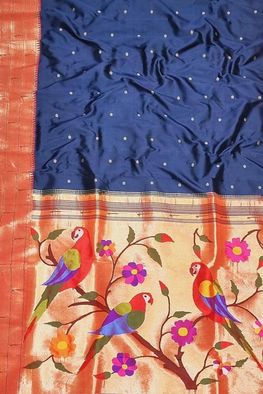 Blue Paithani Handloom Pure Silk Triple Muniya Border Parrot Design Saree - Luxurion World