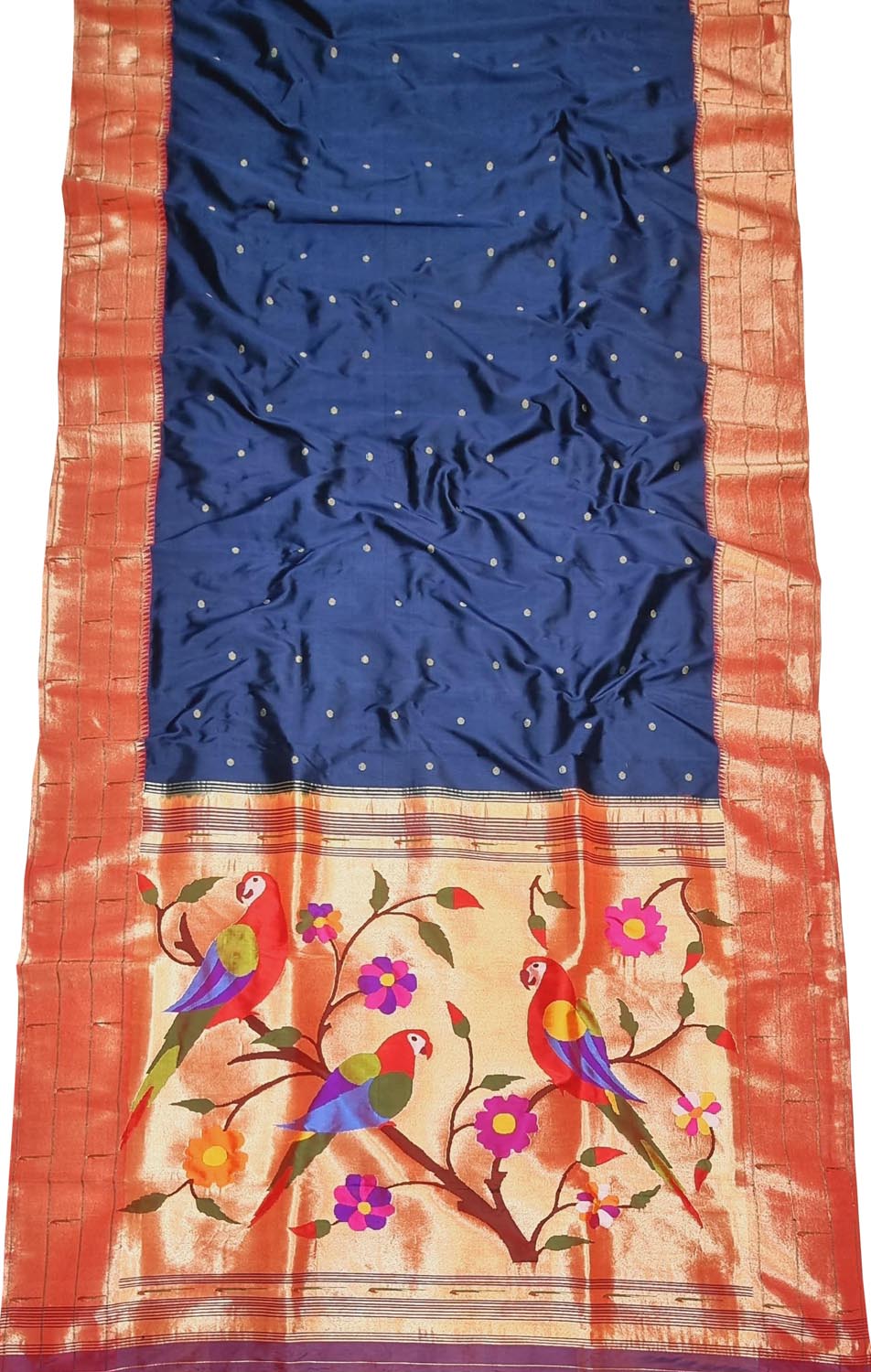 Blue Paithani Handloom Pure Silk Triple Muniya Border Parrot Design Saree - Luxurion World