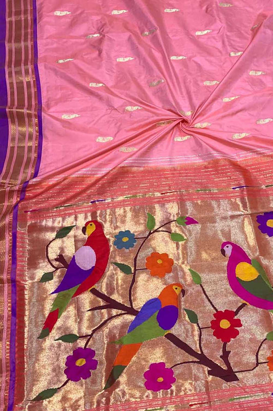 Pink Paithani Handloom Pure Silk Bird Design Saree - Luxurion World