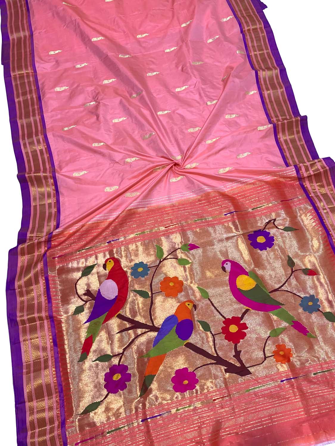 Pink Paithani Handloom Pure Silk Bird Design Saree - Luxurion World