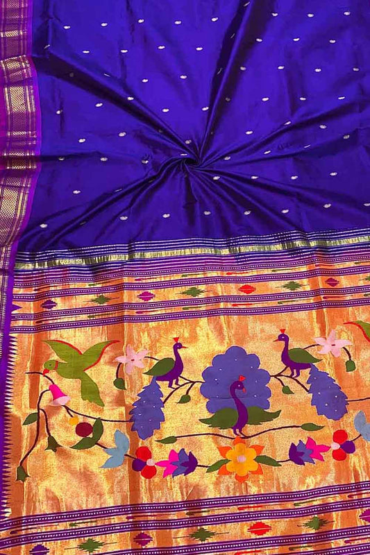 Blue Paithani Handloom Pure Silk Peacock And Parrot Design Saree - Luxurion World
