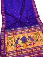 Blue Paithani Handloom Pure Silk Peacock And Parrot Design Saree - Luxurion World