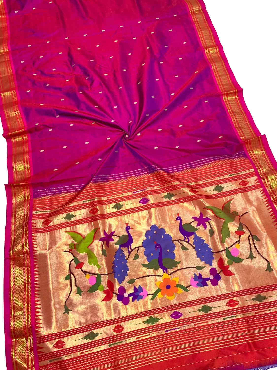 Pink Paithani Handloom Pure Silk Peacock And Parrot Design Saree - Luxurion World