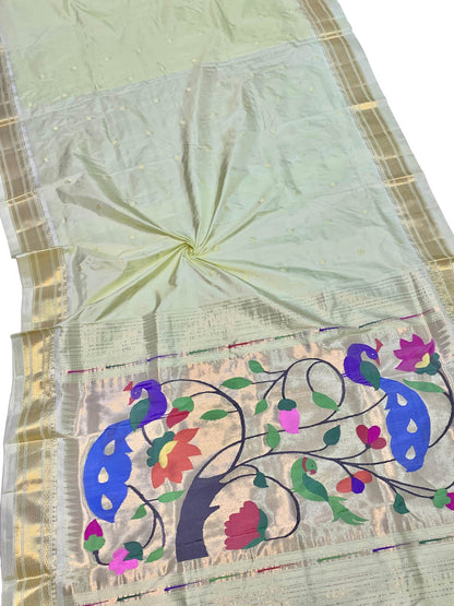 Green Paithani Handloom Pure Silk Peacock And Flower Design Saree - Luxurion World
