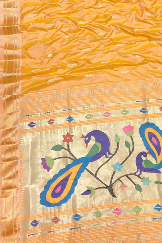 Yellow Paithani Handloom Pure Silk Peacock Design Saree - Luxurion World