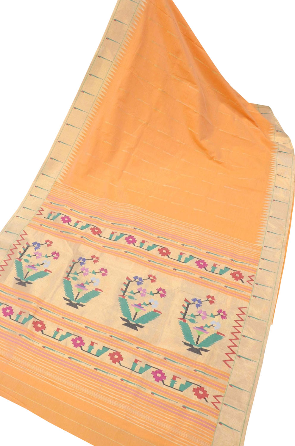 Orange Paithani Handloom Pure Cotton Saree - Luxurion World