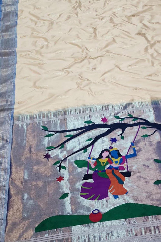 Off White Paithani Handloom Pure Silk Saree - Luxurion World