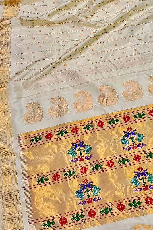 Off White Paithani Handloom Pure Silk Saree - Luxurion World