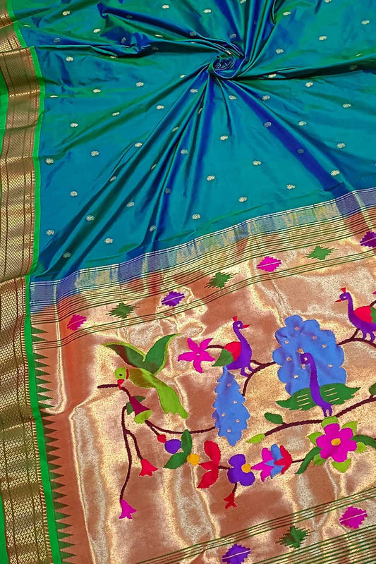Green And Blue Shot Handloom Paithani Pure Silk Peacock And Parrot Design Saree - Luxurion World