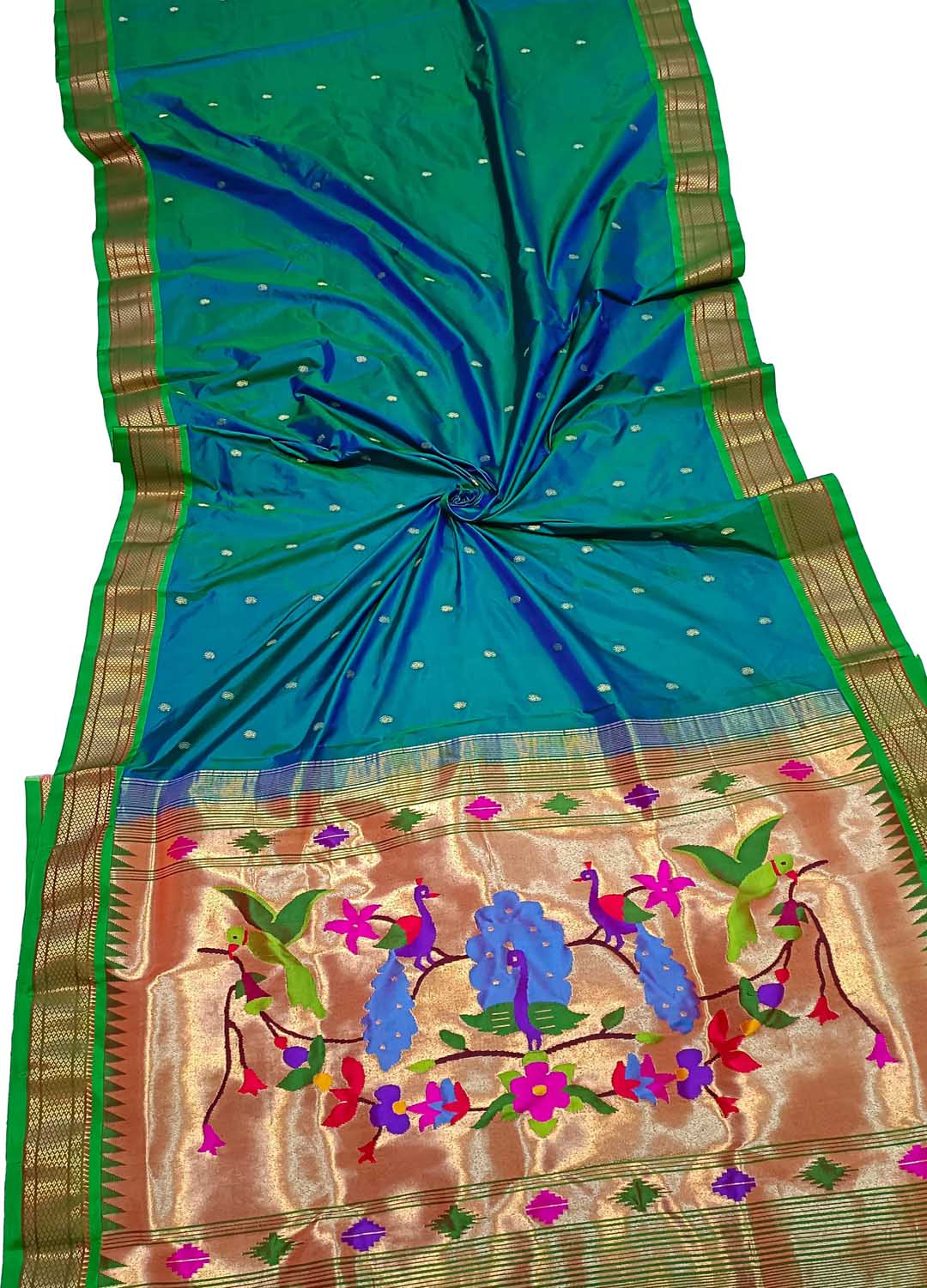 Green And Blue Shot Handloom Paithani Pure Silk Peacock And Parrot Design Saree - Luxurion World