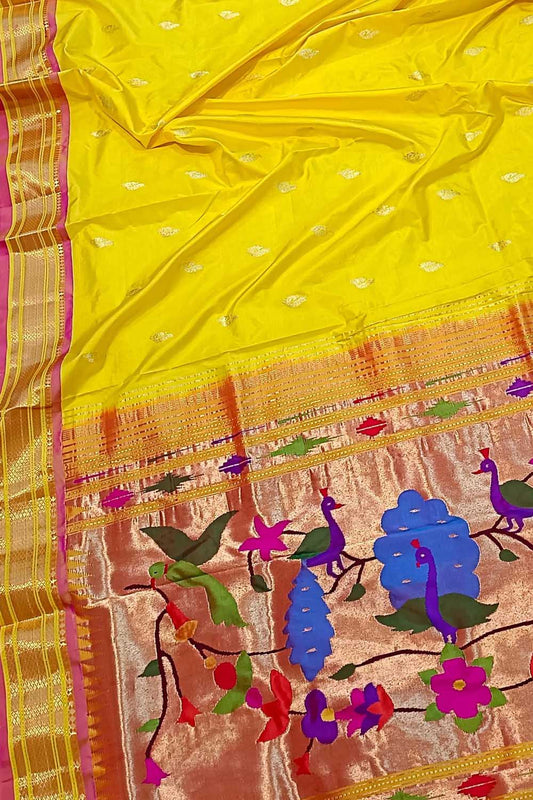 Yellow Handloom Paithani Pure Silk Peacock And Parrot Design Saree