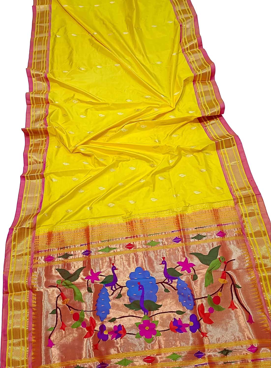Yellow Handloom Paithani Pure Silk Peacock And Parrot Design Saree - Luxurion World
