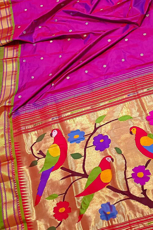 Pink Handloom Paithani Pure Silk Bird Design Saree - Luxurion World