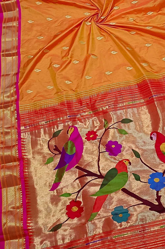 Orange Handloom Paithani Pure Silk Bird Design Saree - Luxurion World