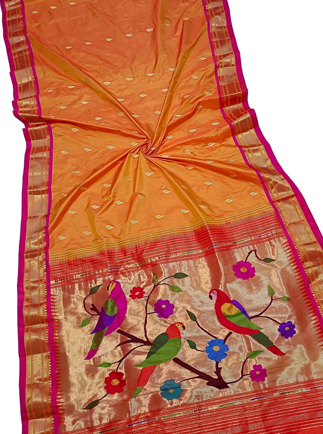 Orange Handloom Paithani Pure Silk Bird Design Saree - Luxurion World