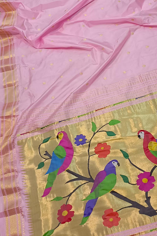 Pink Handloom Paithani Pure Silk Bird Design Saree