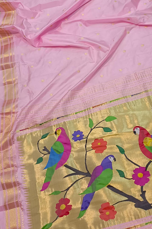 Pink Handloom Paithani Pure Silk Bird Design Saree - Luxurion World