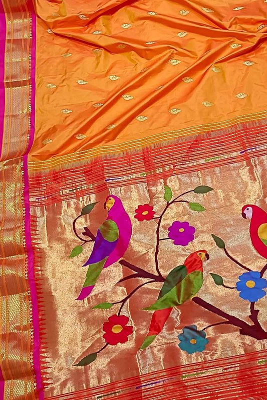 Orange Handloom Paithani Pure Silk Bird Design Saree - Luxurion World