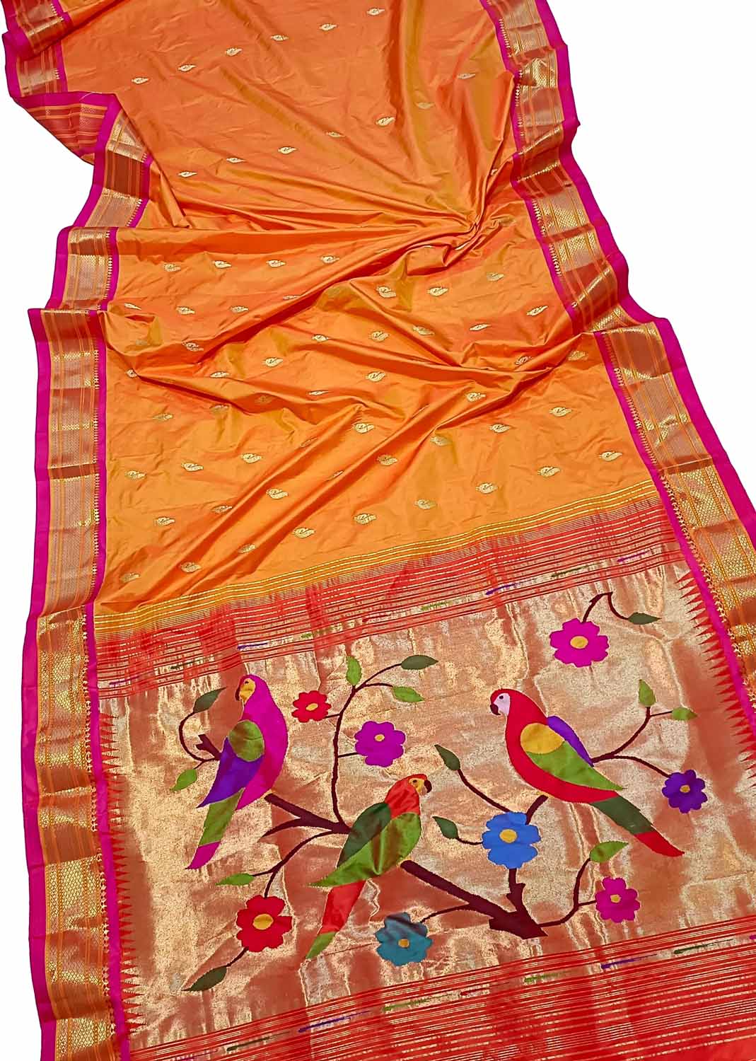 Orange Handloom Paithani Pure Silk Bird Design Saree - Luxurion World