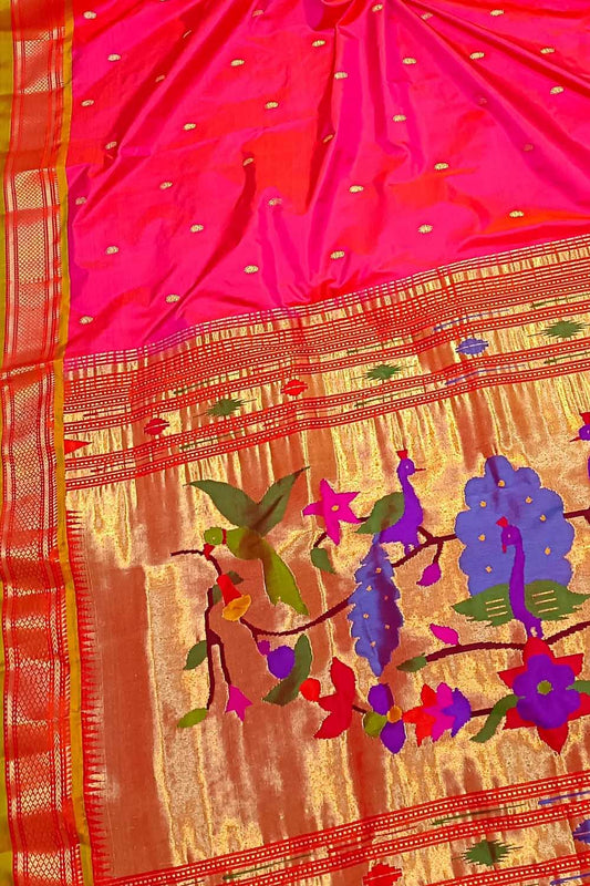 Pink Handloom Paithani Pure Silk Peacock And Parrot Design Saree